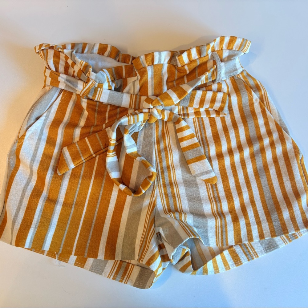 Mustard + White Striped Paperbag Waist Shorts